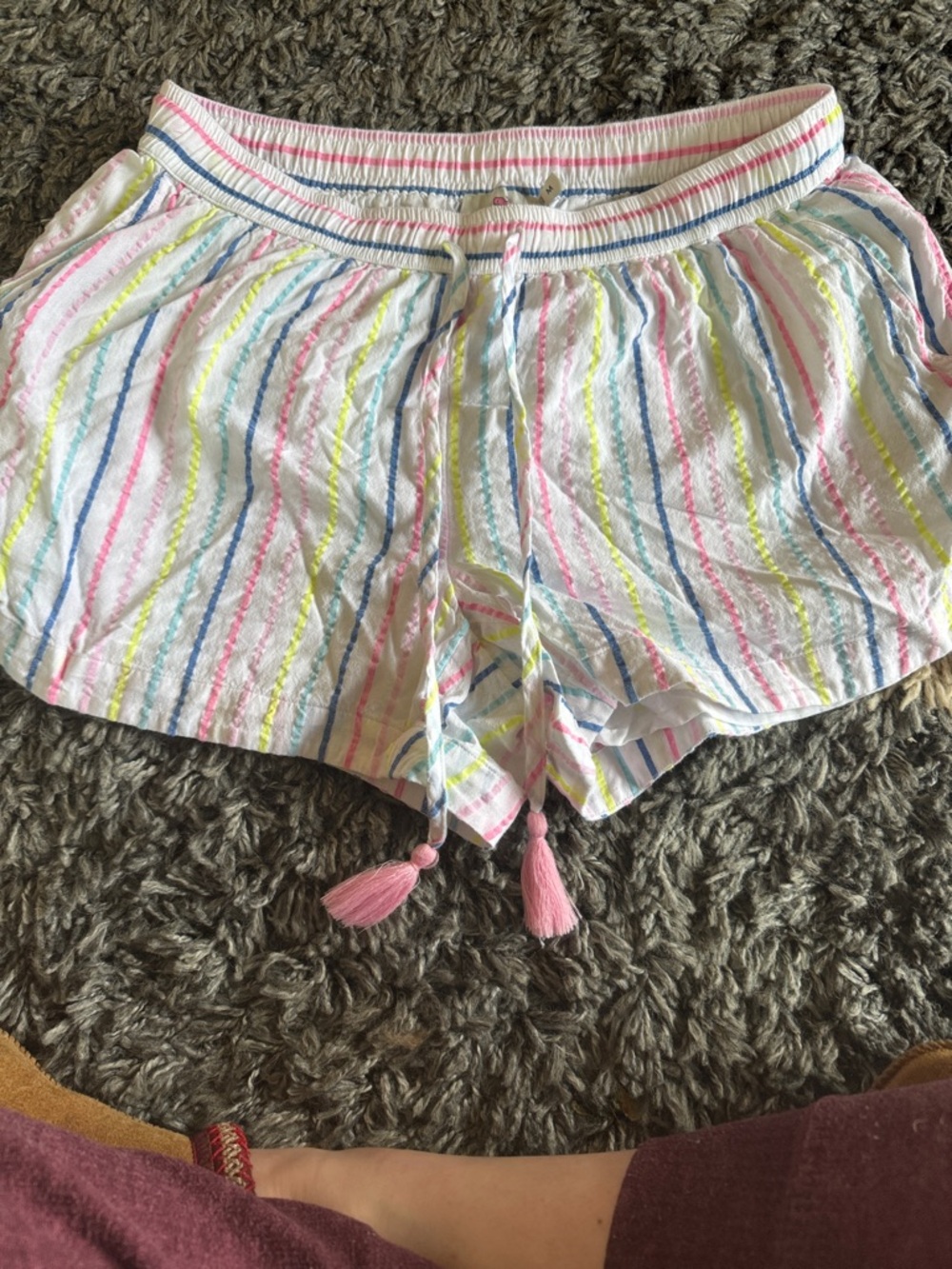 Vineyard Vines White Shorts with Pastel Stripes and Pink Tassel Waist